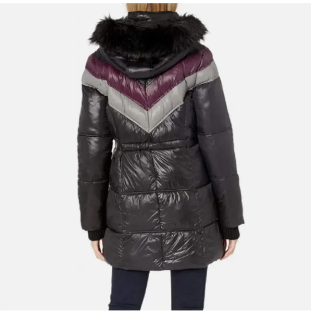 Rachel Roy NWT color block black puffer jacket with faux fur detachable hood